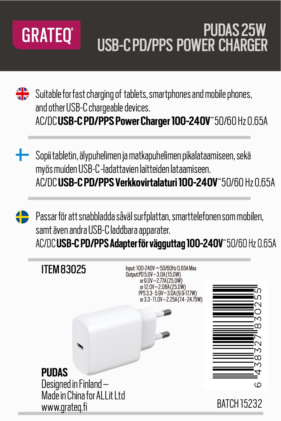 PUDAS VERKKOVIRTALATURI PD/PPS USB-C 25W