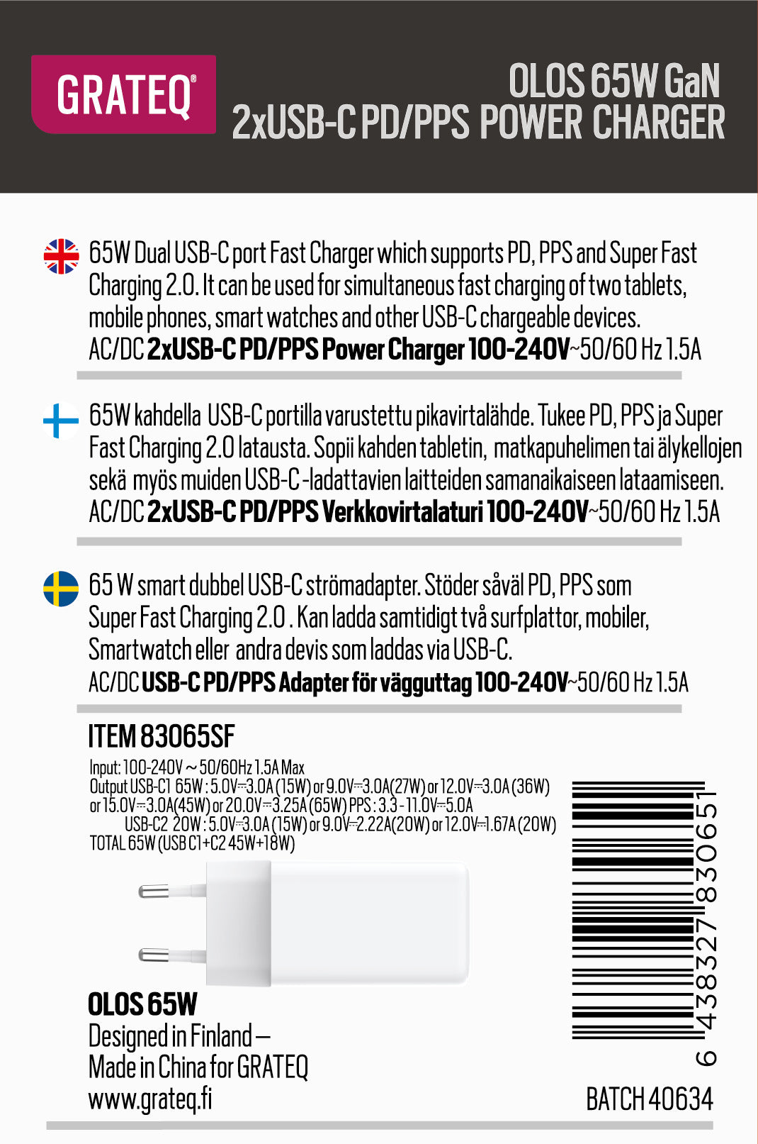 OLOS VERKKOVIRTALATURI PD/PPS 2XUSB-C GAN 65W