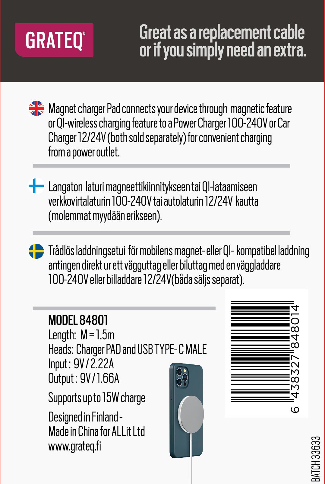 GRATEQ USB-C - MAGNET PAD LANGATON LATURI 1.5M