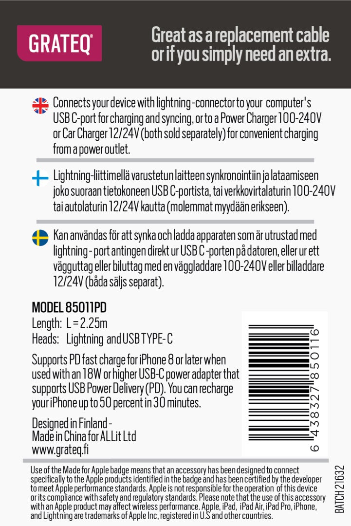 GRATEQ USB-C - MFI LIGHTNING KAAPELI 2.25M