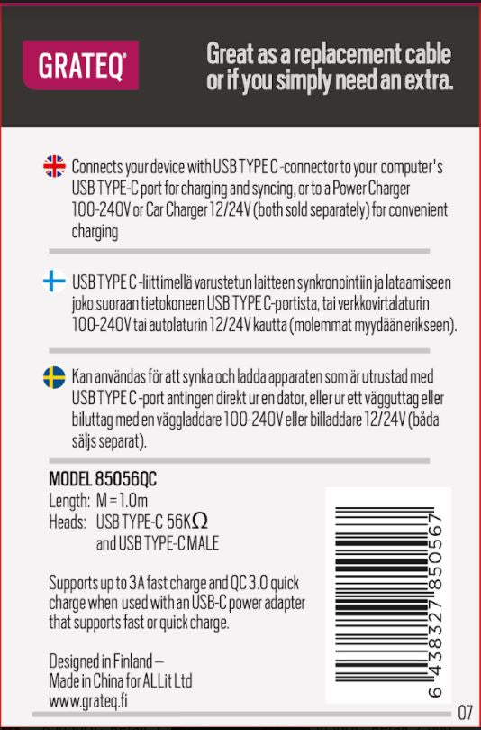 GRATEQ USB-C - USB-C KAAPELI QUICK 1M