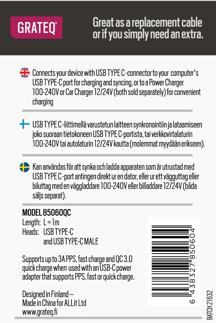 GRATEQ USB-C - USB-C KAAPELI QUICK 1M MUSTA