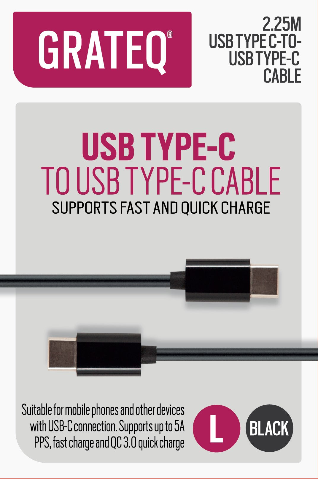 GRATEQ USB-C - USB-C KAAPELI QUICK 2.25M