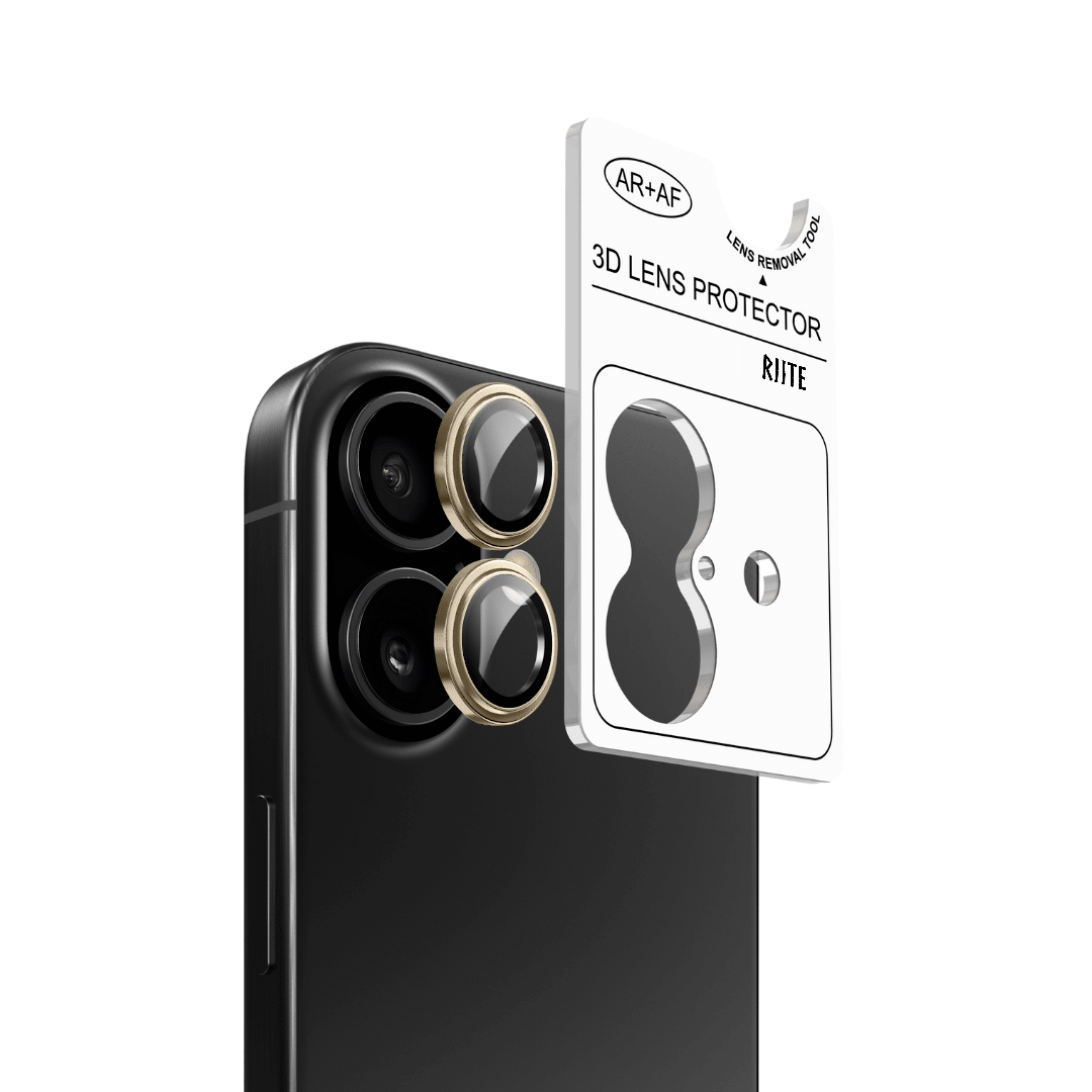 iPhone 14 Pro Riite panssarilasi kameralle - Kulta, Linssinsuoja / Asennuskehikolla – Riite | takakamera - linssinsuoja