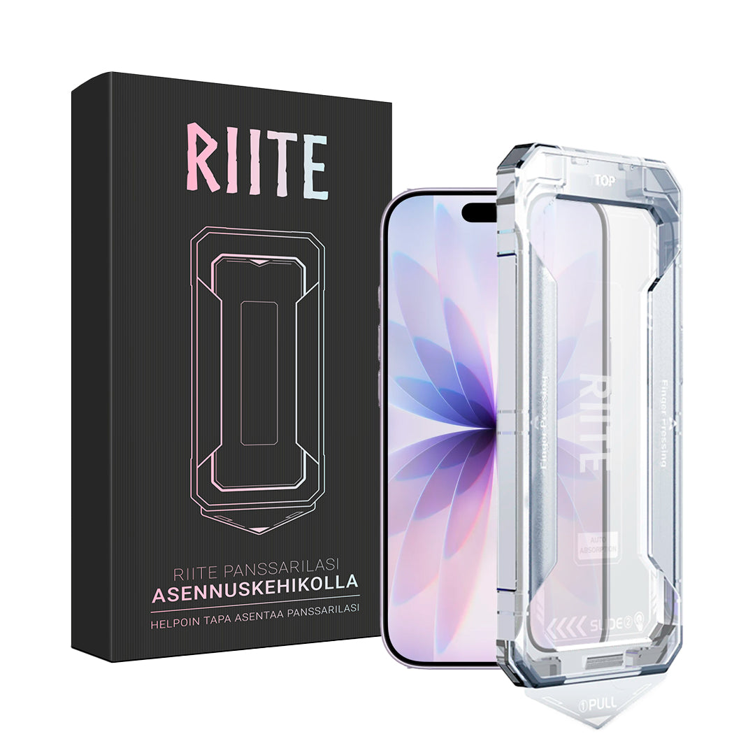 iPhone 17 panssarilasi, kirkas – Riite asennuskehikko 30 s, kuplaton.