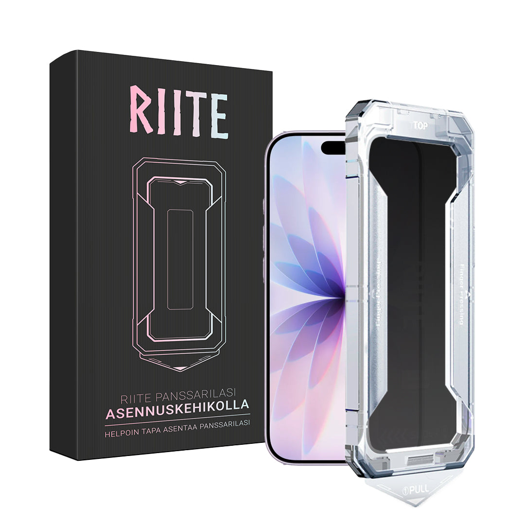 iPhone 17 privacy panssarilasi – asennuskehikko, sivunäkymäsuoja noin 20°. Riite.