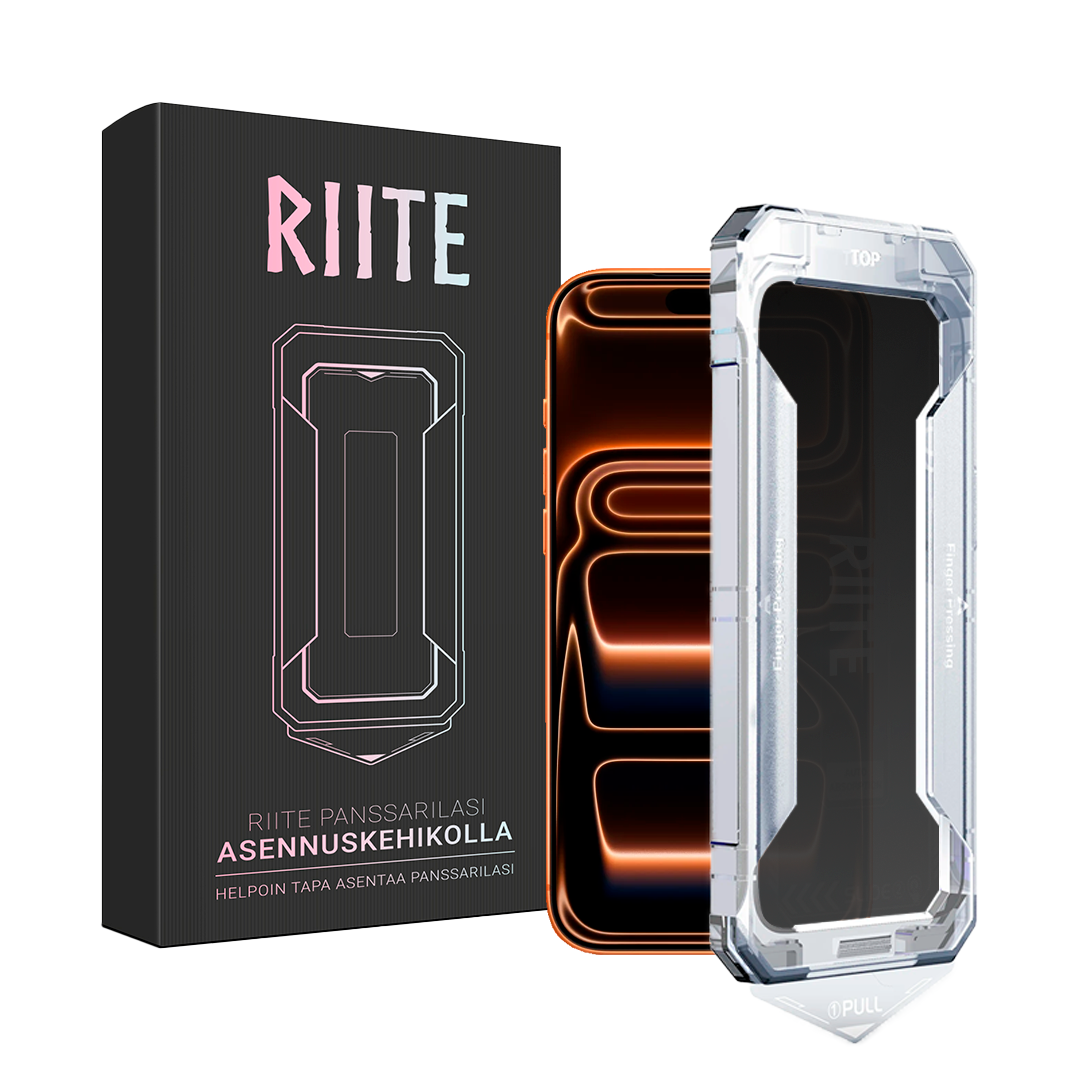 iPhone 17 Pro Riite Privacy -panssarilasi asennuskehikolla
