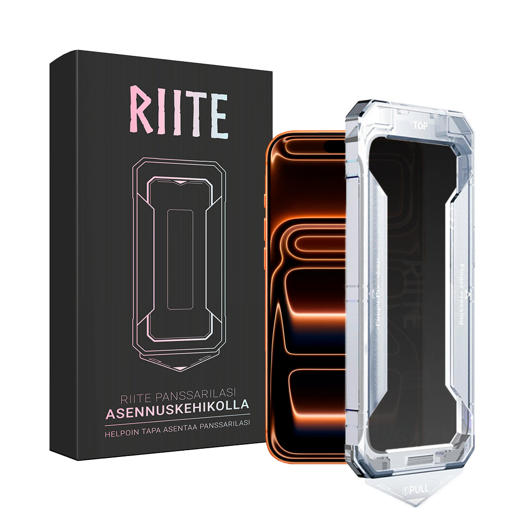 iPhone 17 Pro privacy panssarilasi – asennuskehikko, sivunäkymäsuoja ~20°. Riite.