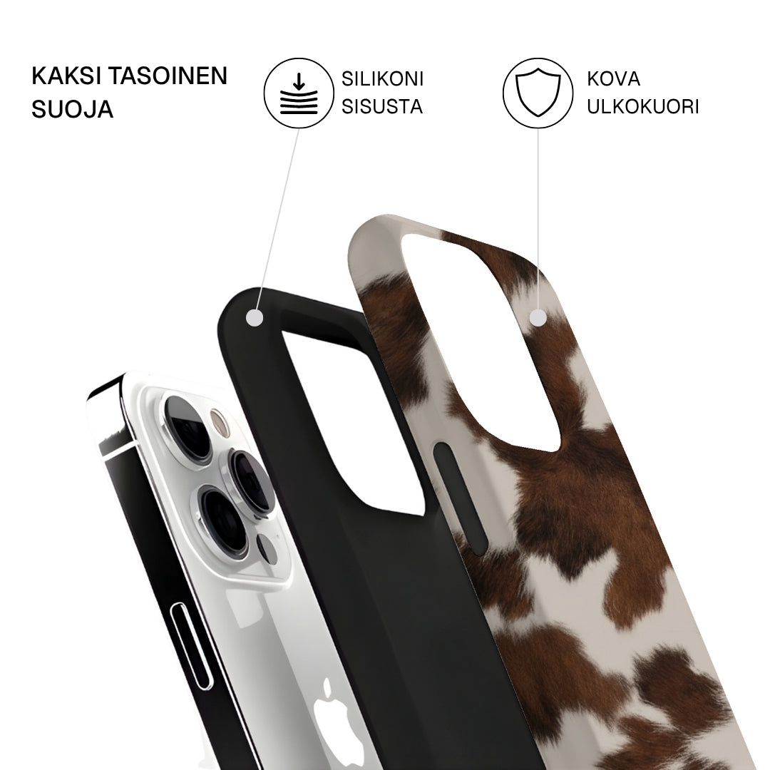 Riite Mokka kuori iPhone 16 Plus – kaksiosainen rakenne: TPU-sisäkuori ja kova ulkokuori, mokkakuosi