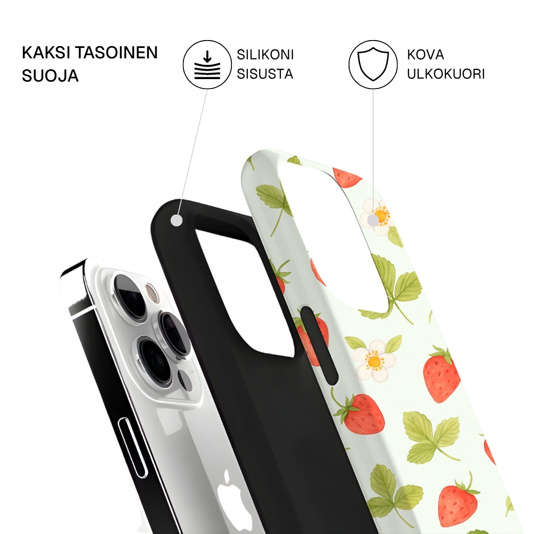 Riite – Metsämansikka -suojakuori iPhone 14 Plus – kuoren osat erikseen, valkoisella taustalla