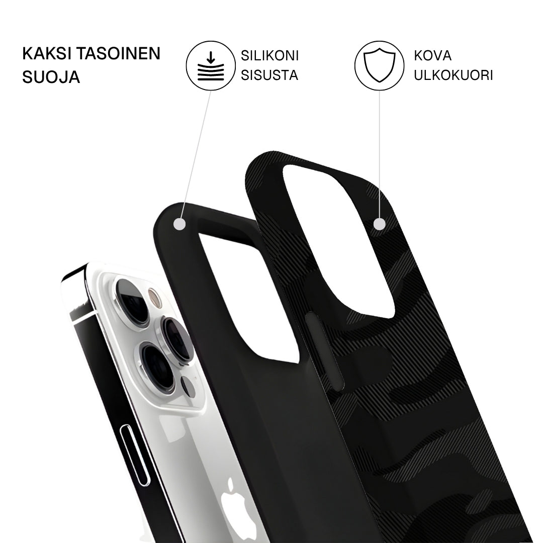 Riite – Musta camo iPhone 16 Pro -suojakuoren osat – kova ulkokuori ja TPU-sisäkuori, kaksikerrosrakenne