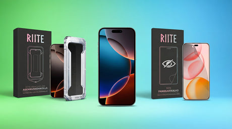 Vertailukuva, jossa puhelimen vieressä Riite-panssarilasi asennuskehikolla ja muotoon leikattava Panssarikalvo-hydrogel.