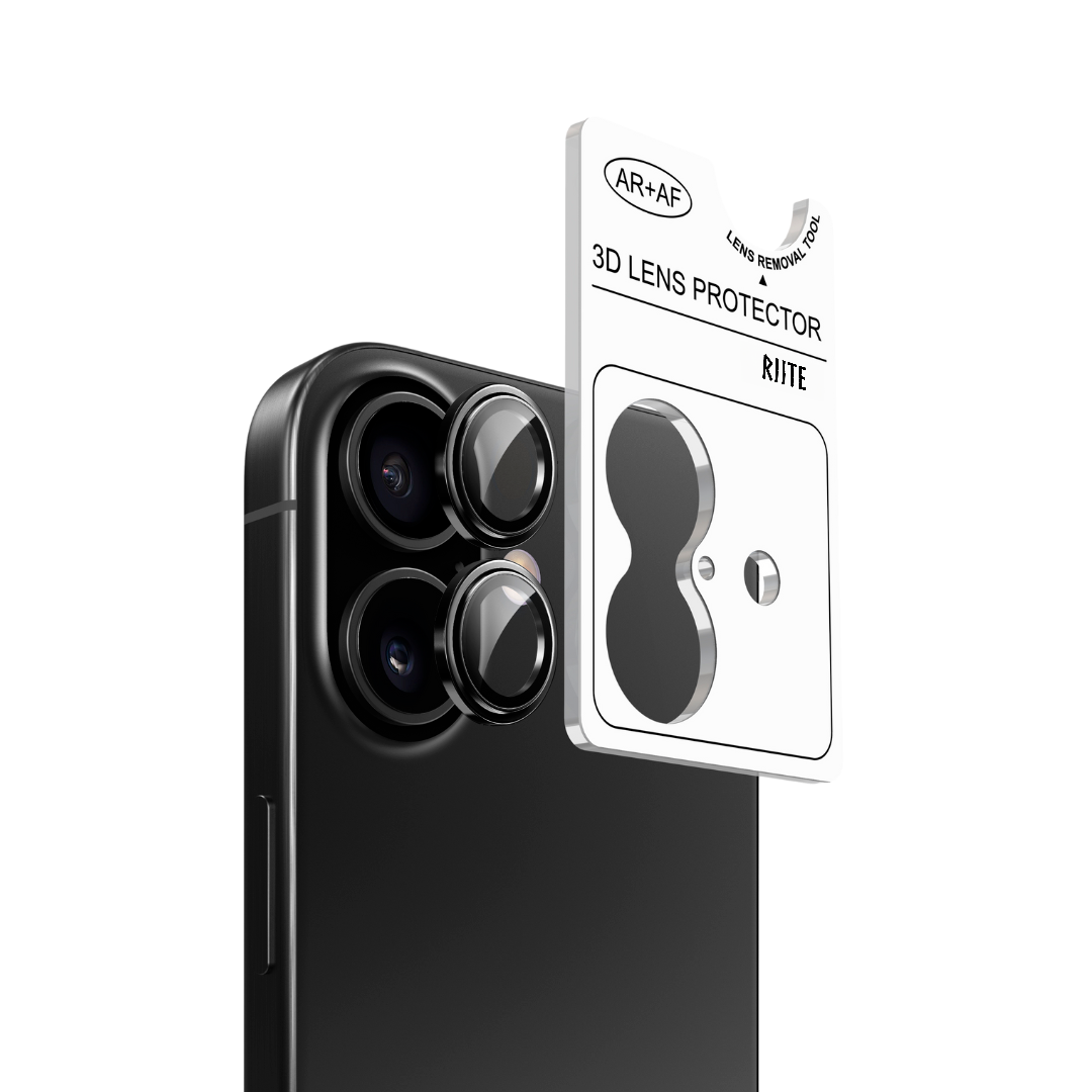 iPhone 16 Pro Riite panssarilasi kameralle - Musta, Linssinsuoja / Asennuskehikolla