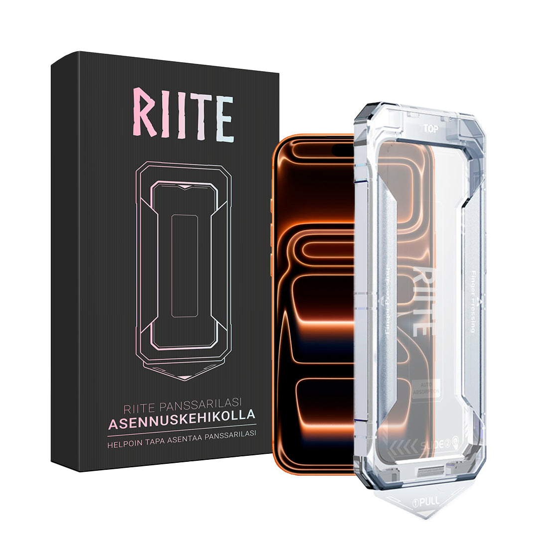 iPhone 17 Pro panssarilasi, kirkas – Riite asennuskehikko 30 s, kuplaton.