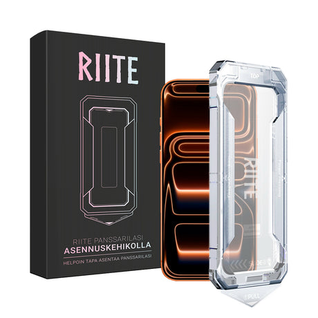 iPhone 17 Pro panssarilasi, kirkas – Riite asennuskehikko 30 s, kuplaton.