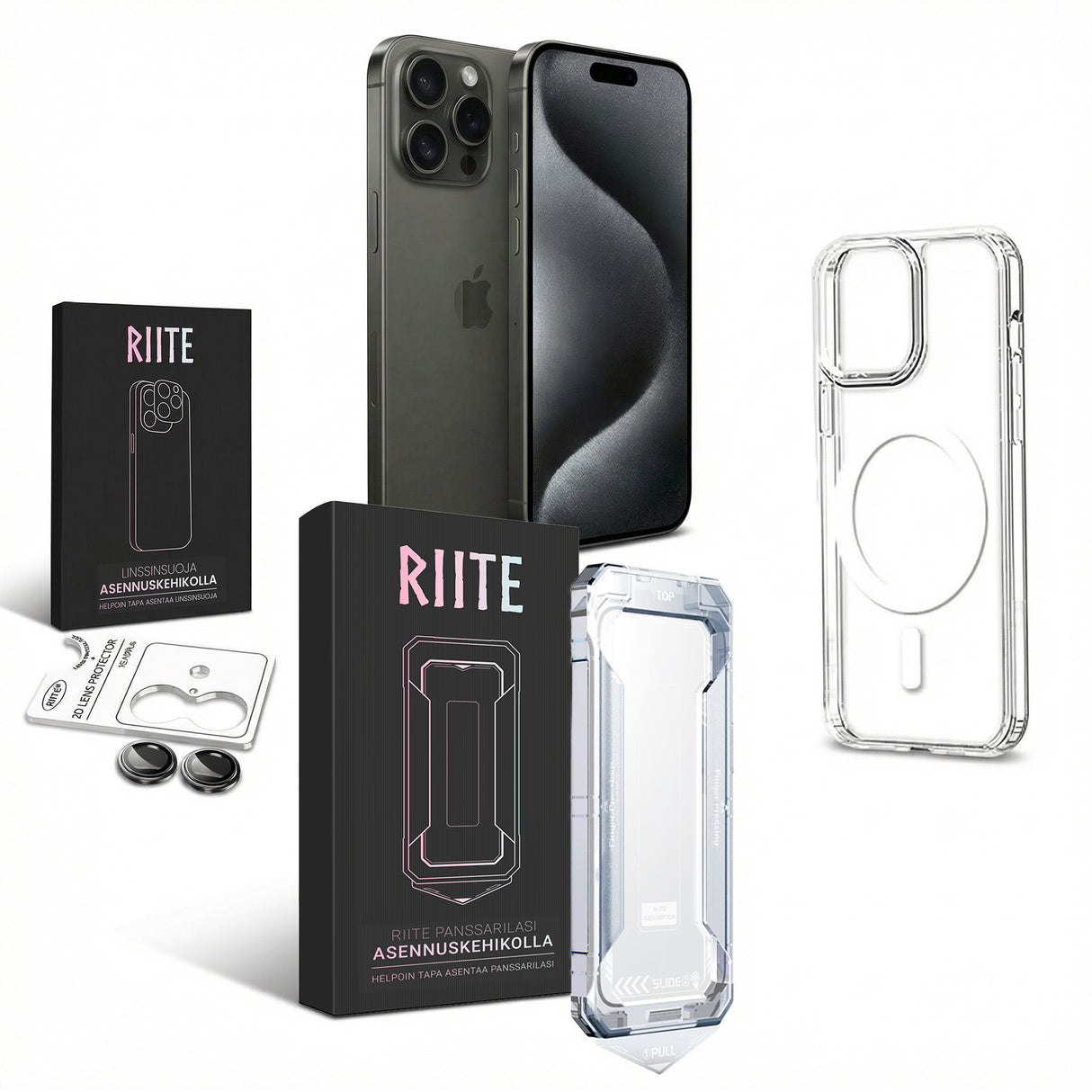 iPhone Essentials - Kirkas panssarilasi, kameransuoja & MagSafe - kuori – Riite | Asennuskehikko_Privacy