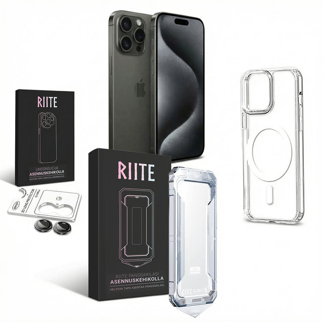 iPhone Essentials - Kirkas panssarilasi, kameransuoja & MagSafe - kuori – Riite | Asennuskehikko_Privacy