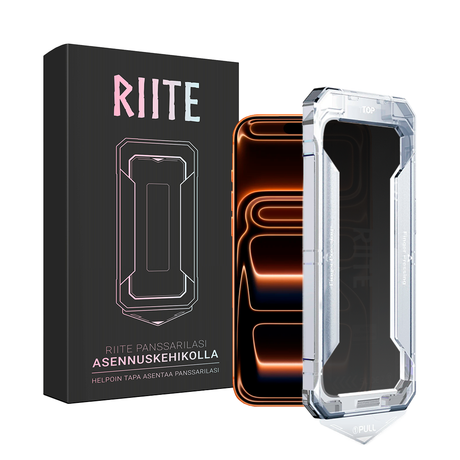 iPhone 17 Pro Riite Privacy -panssarilasi asennuskehikolla