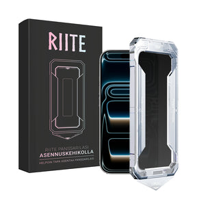 iPhone 17 Pro Max privacy panssarilasi – asennuskehikko, sivunäkymäsuoja ~20°. Riite.