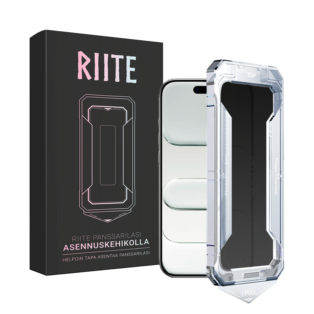 iPhone Air privacy panssarilasi – asennuskehikko, sivunäkymäsuoja ~20°. Riite.