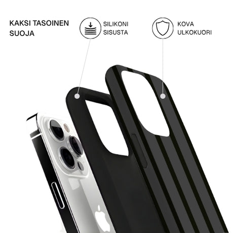 Riite - Salmiakki iPhone 16 suojakuoren osat: kova ulkokuori ja TPU-sisäosa, kaksikerrosrakenne