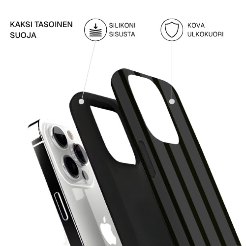 Riite - Salmiakki iPhone 14 Pro suojakuoren osat: kova ulkokuori ja TPU-sisäosa, kaksikerrosrakenne