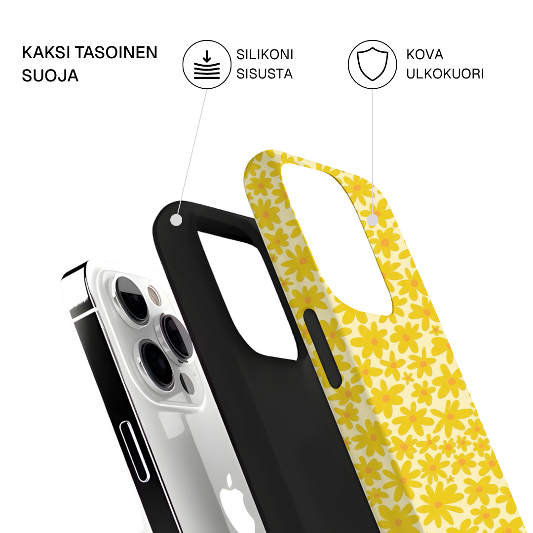 Riite – Keltainen niitty iPhone 15 -suojakuoren osat – kova ulkokuori ja TPU-sisäkuori, kaksikerrosrakenne
