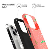 Riite Mansikka kuori iPhone 12 Pro – kaksiosainen rakenne: TPU-sisäkuori ja kova ulkokuori, mansikkakuvio