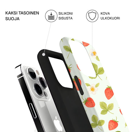 Riite – Metsämansikka -suojakuori iPhone 14 Plus – kuoren osat erikseen, valkoisella taustalla