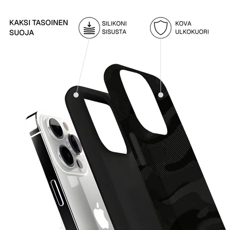 Riite – Musta camo iPhone 16 -suojakuoren osat – kova ulkokuori ja TPU-sisäkuori, kaksikerrosrakenne