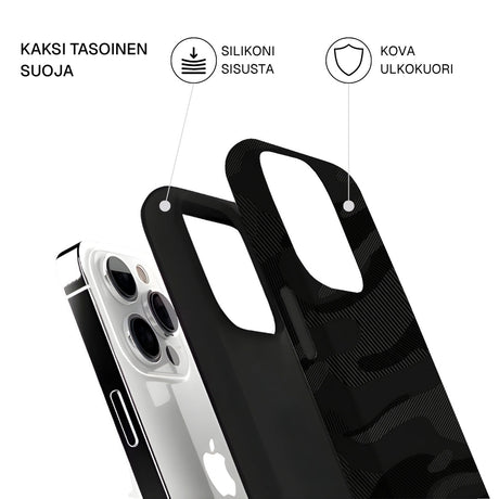 Riite – Musta camo iPhone 13 -suojakuoren osat – kova ulkokuori ja TPU-sisäkuori, kaksikerrosrakenne