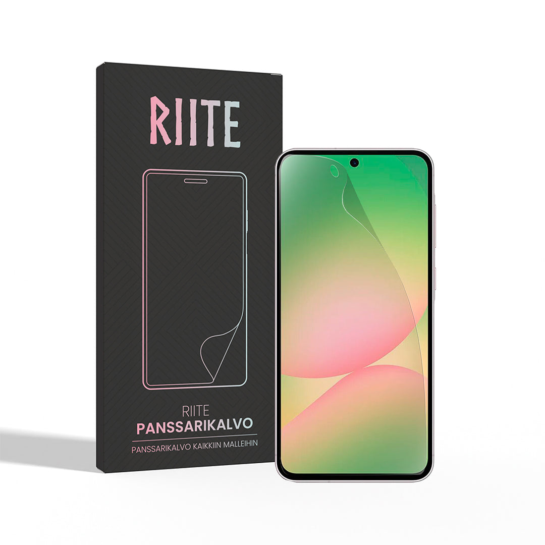 Riite – Panssarikalvo Extreme, Samsung Galaxy A56 5G – hero-kuva, kirkas näytönsuoja asennuskehikolla